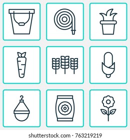 Farm icons set with pail, maize, fertilizer and other fertilizer elements. Isolated vector illustration farm icons.