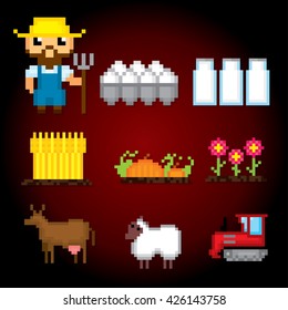 Farm icons set. Pixel art. Old school computer graphic style. Games elements.