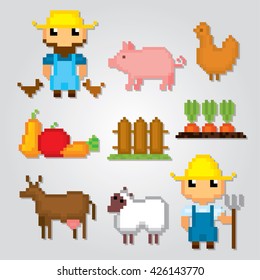 Farm icons set. Pixel art. Old school computer graphic style. Games elements.