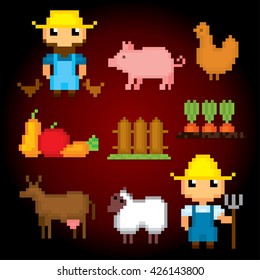 Farm icons set. Pixel art. Old school computer graphic style. Games elements.