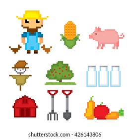 Farm icons set. Pixel art. Old school computer graphic style. Games elements.
