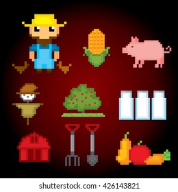 Farm icons set. Pixel art. Old school computer graphic style. Games elements.
