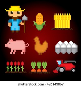 Farm icons set. Pixel art. Old school computer graphic style. Games elements.