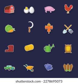 Farm icons set stikers collection vector with shadow on purple background