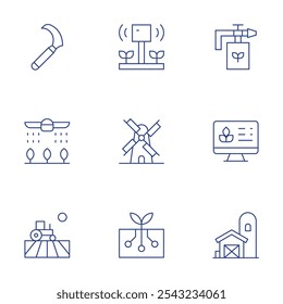 Farm icons set. Thin Line style, editable stroke. fertilizer, field, ground, sickle, silo, smart farm, windmill.