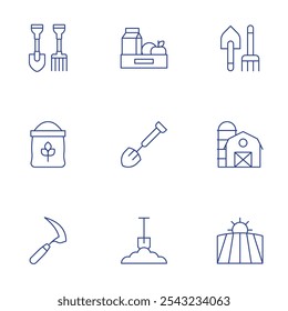 Farm icons set. Thin Line style, editable stroke. farming tools, field, flour, food, shovel, sickle, silo, soil.