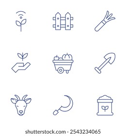 Farm icons set. Thin Line style, editable stroke. fence, food cart, gardening tools, goat, shovel, sickle, smart farm, soil, sprout.