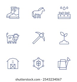 Farm icons set. Thin Line style, editable stroke. boots, cow, farm house, horse, pick, rye, smart farm, sprout, watering can.