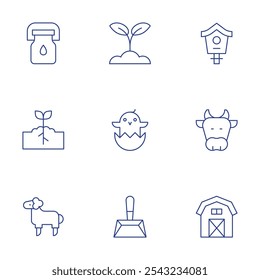 Farm icons set. Thin Line style, editable stroke. agriculture, bird house, chick, cow, dustpan, farm house, milk bottle, plant, sheep.