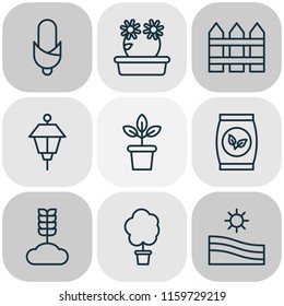 Farm icons set with tree, park lamp, peony and other maize elements. Isolated vector illustration farm icons.