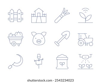 Farm icons. Thin Line style, editable stroke. fence, food cart, gardening tools, house, pig, scarecrow, shovel, sickle, smart farm, soil, tractor, watering.