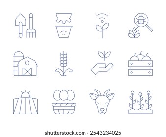 Farm icons. Thin Line style, editable stroke. animal, bug, crate, eggs, farm, field, goat, shovel, silo, smart farm, sprout, wheat.