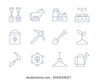 Farm icons. Thin Line style, editable stroke. farming tools, flour, food, horse, pick, rye, shovel, sickle, smart farm, soil, sprout, watering can.