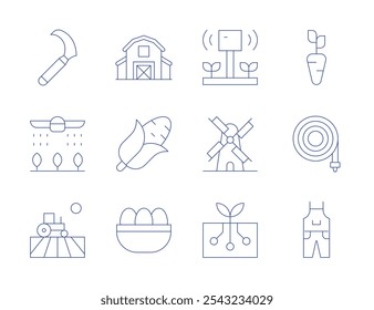 Farm icons. Thin Line style, editable stroke. barn, carrot, corn, eggs, farmer, field, ground, sickle, smart farm, water hose, windmill.