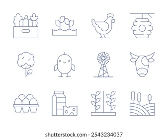 Farm icons. Thin Line style, editable stroke. agriculture, beehive, chick, cotton, cow, dairy products, eggs, farm, hen, mill, plantation, vegetables.