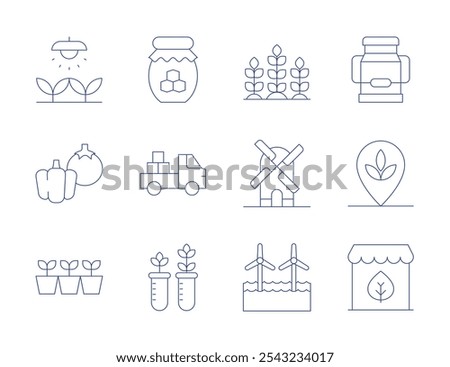 Farm icons. Thin Line style, editable stroke. honey jar, light, milk, pick up truck, plant, seedling, shop, test tube, vegetable, wheat, wind farm, windmill.