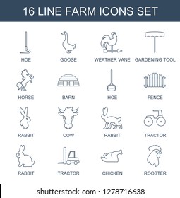 farm icons. Trendy 16 farm icons. Contain icons such as hoe, goose, weather vane, gardening tool, horse, barn, fence, rabbit, cow, tractor, chicken. farm icon for web and mobile.