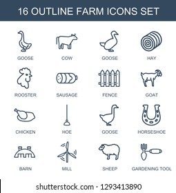 farm icons. Trendy 16 farm icons. Contain icons such as goose, cow, hay, rooster, sausage, fence, goat, chicken, hoe, horseshoe, barn, mill, sheep. farm icon for web and mobile.