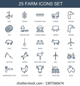 farm icons. Trendy 25 farm icons. Contain icons such as mill, wheat, plowing tool, horse, goose, hay, boiled egg, cargo barn, udder, hog, shovel. farm icon for web and mobile.