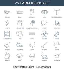 farm icons. Trendy 25 farm icons. Contain icons such as horse, barn, rooster, hay, gardening tool, wheat, Horseshoe, house under sun, sheep, tractor. farm icon for web and mobile.