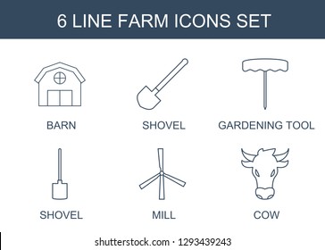 farm icons. Trendy 6 farm icons. Contain icons such as barn, shovel, gardening tool, mill, cow. farm icon for web and mobile.