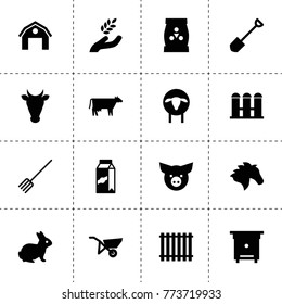 Farm icons. vector collection filled farm icons. includes symbols such as pitchfork, cow, sheep, harvest, horse, hangar, rabbit, hive. use for web, mobile and ui design.