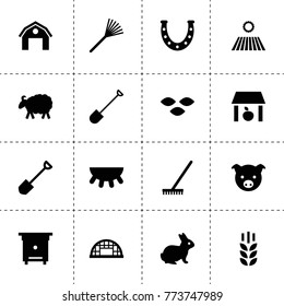 Farm icons. vector collection filled farm icons. includes symbols such as wheat, field, seeds, pig, storage, horseshoe, sheep, hangar. use for web, mobile and ui design.
