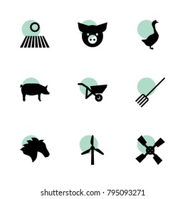 Farm icons. vector collection filled farm icons set.. includes symbols such as field, pitchfork, pig, windmill, goose, horse. use for web, mobile and ui design.