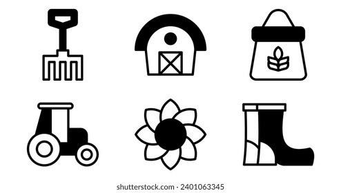 Bauernsymbole.  Vektorgrafiken mit Designs von Stall, Traktor, Pitchfork, Weizen, Stiefel, Sonnenblumen. Symbolsatz im semifesten Stil