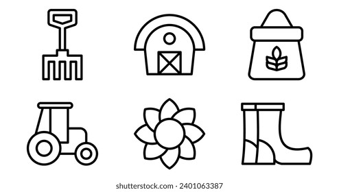 Farm Icons.  Vector Graphics Featuring Designs of Barn, Tractor, Pitchfork, Wheat, Boots, Sunflower. Icon Set in Outline Style