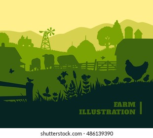 Farm illustration background, colored silhouettes elements, flat