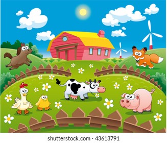 Farm illustration. Funny cartoon and vector scene.