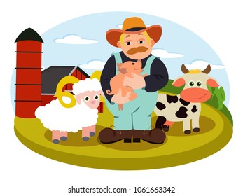 Farm illustration in vector with farmer holding little pig, standing near the cow and sheep. Cartoon character of countryside man on the farm