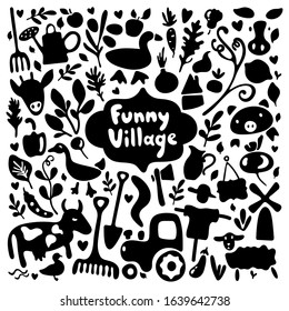 Farm illustration vector set. Cute farm doodles with black elements on white background. Text Funny Village. Rural life in a cartoon style, a lot of small elements. Village doodle stock set