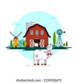 Farm illustration wit barn, windmill and cows - vector