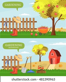 Farm infographics agriculture set vegetables natural with landscapes field and garden cartoon elements village banner vector illustration