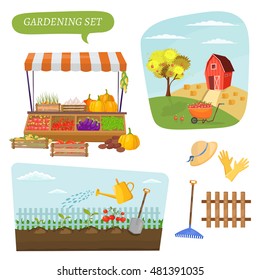Farm infographics beautiful agriculture set with landscapes field and garden cartoon elements village banner vector illustration