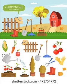 Farm infographics organic product agriculture set with landscapes field and garden cartoon elements village banner vector illustration