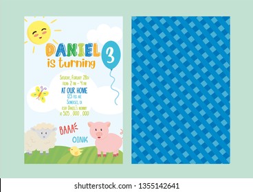 Farm invitation to child.
illustration of farm animals for birthday invitation or greeting cards for child - vector