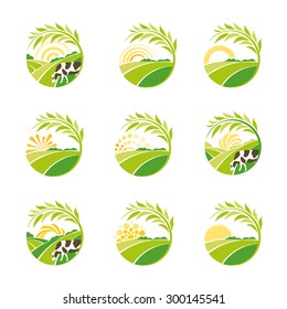 Farm isolated green logo collection. Rural landscape logos set. Environmental signs. Set of vector design emblem elements. Green plantations logotype.