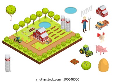 Farm isometric composition layout creating a farm with a house trees seedlings and animals vector illustration