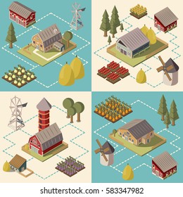 Farm Isometric Concept With Mill Fields And Harvest Barn And Silo Trees And Hay Isolated Vector Illustration 