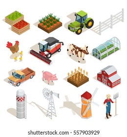 Farm isometric icons collection with agricultural machines animals vegetables fruits greenhouse mills farmer barn isolated vector illustration