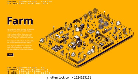 Farm isometric landing page with farmers working in garden or field, people use tractor machinery, feeding pigs or cows, harvesting. Village agriculture, animal husbandry 3d vector line art web banner