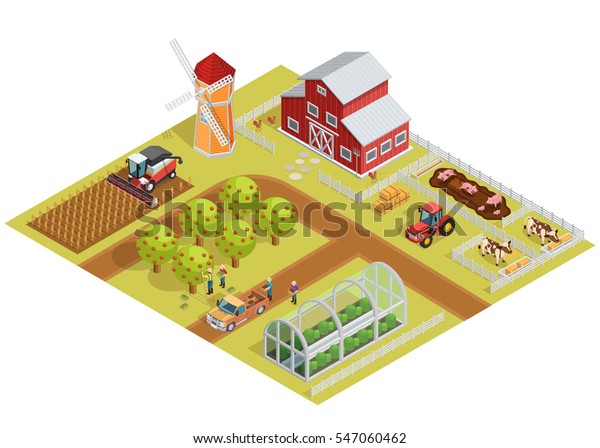 Farm\
isometric template with garden trees animals agricultural vehicles\
farmers mill and greenhouse vector\
illustration