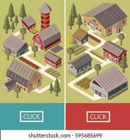 Farm Isometric Vertical Banners With House Barn Shed And Silo Garden Beds And Trees Isolated Vector Illustration