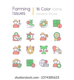 Farm issues RGB color icons set. Agriculture business strategy. Boost profitability. Isolated vector illustrations. Simple filled line drawings collection. Editable stroke. Quicksand-Light font used