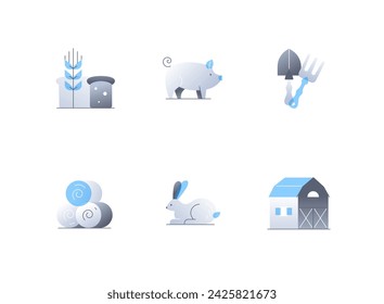 Farm items and animals - flat design style icons set. High quality colorful images of bread and spikelet, pig, shovel and pitchfork, sheaves of hay, rabbit, livestock, barn. Country life idea