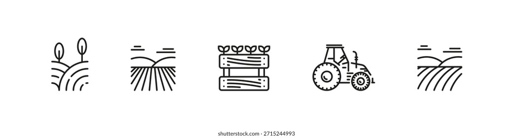 Conjunto de iconos de contorno de Vector de elementos de granja. Agricultura, herramientas y colección de equipos rurales