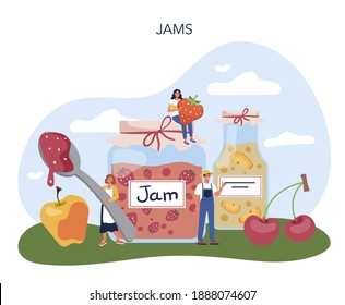 Farm jams concept. Farming food production. Village groceries. Summer countryside view, agriculture concept. Isolated flat illustration